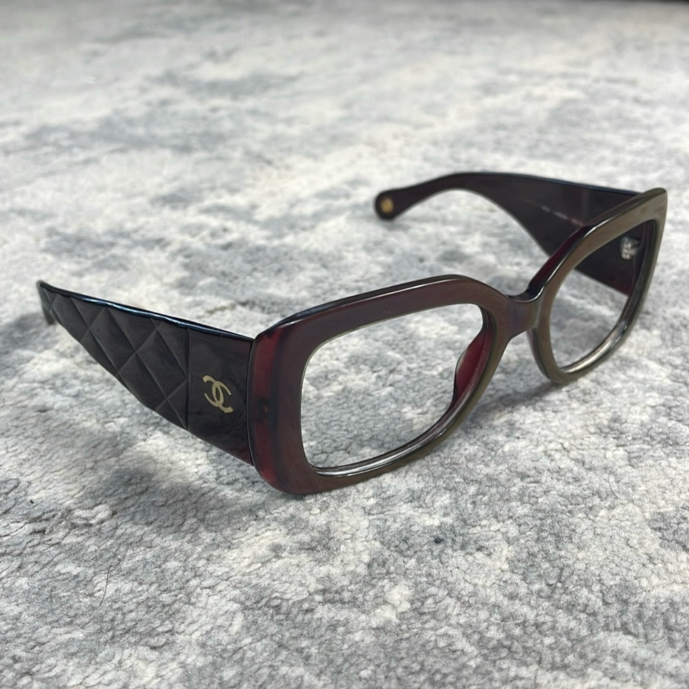 Chanel Acetate Quilted CC Glasses Frames Amber Brown Color Change Green Rim